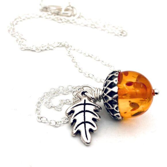 Other - Orange and Silver Acorn Necklace - Fall Orange Acorn Pendant- Cute Nature Charm